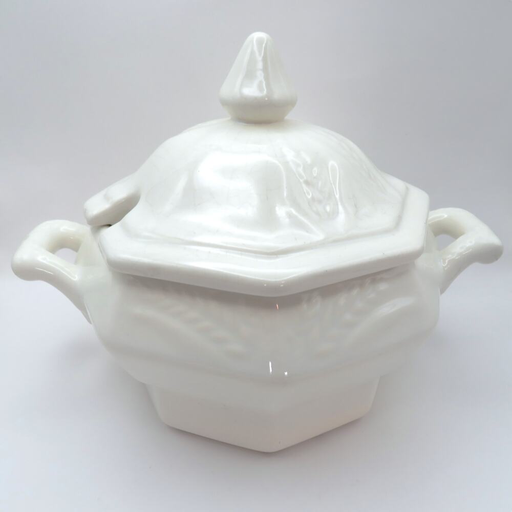 Vintage California Pottery Octagonal Soup Tureen w/ Lid Wheat Relief Ironstone